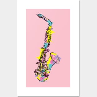 Saxophone sketchy style with colorful textures Posters and Art